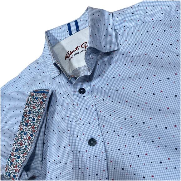 Robert Graham Short Sleeve Shirt Dot Pattern Over Grid Floral Flip Size Small - Picture 1 of 12
